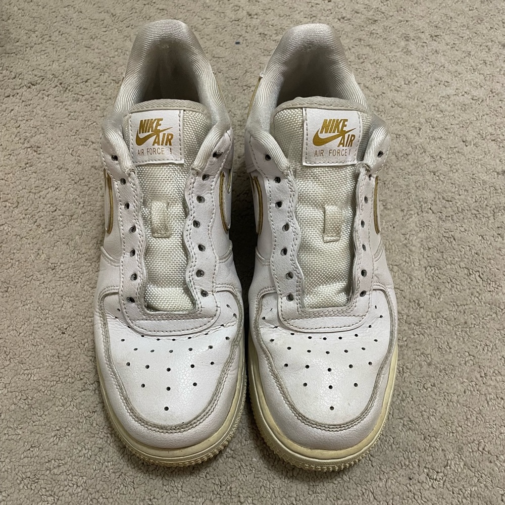 Nike Air Force 1, white with gold detailing, size 8